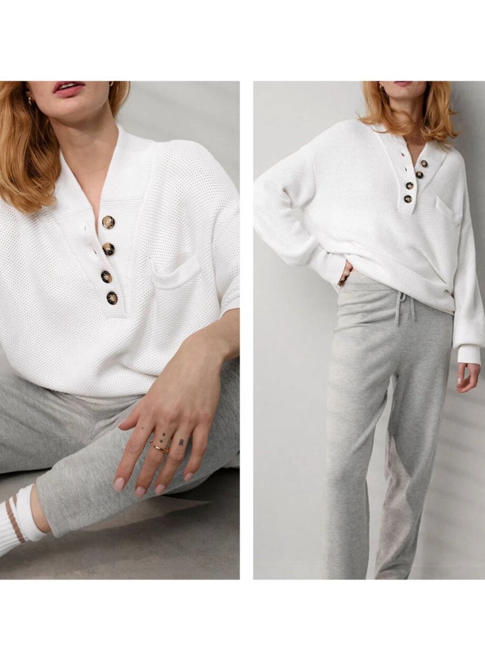 LUNYA L/XL Cream Knit Shawl Collar Chunky Sweater Organic Cotton Silk Pocket
